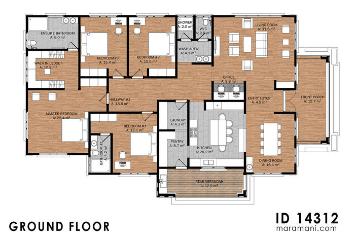 4 Bedroom Hipped roof house - ID 14312 - Floor plan by Maramani