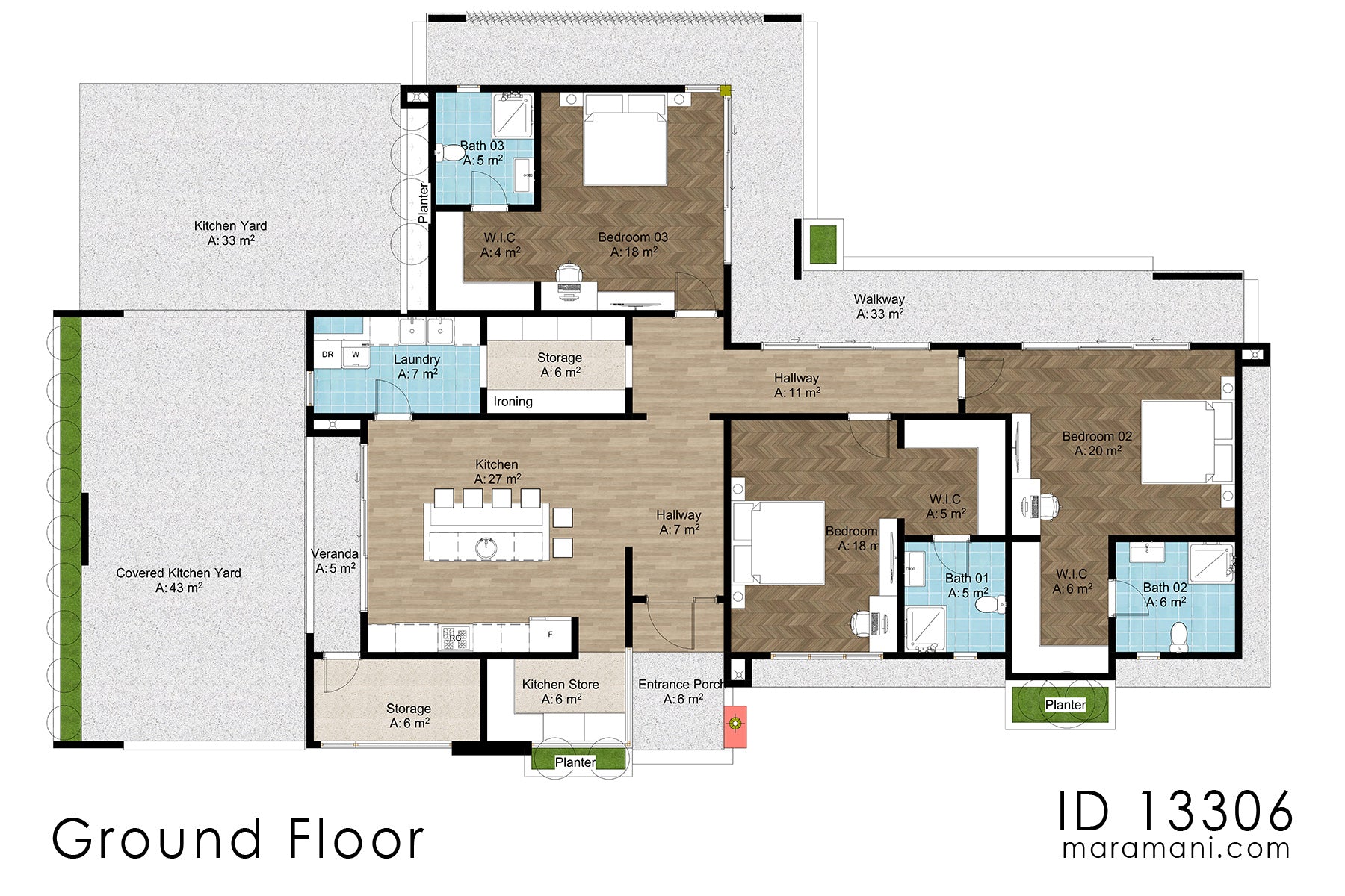 3 Room 3 Bathroom Plan - ID 13306