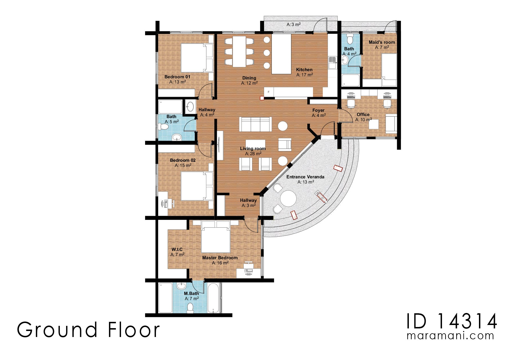 Affordable 4 Room 3 Bathroom Plan - ID 14314