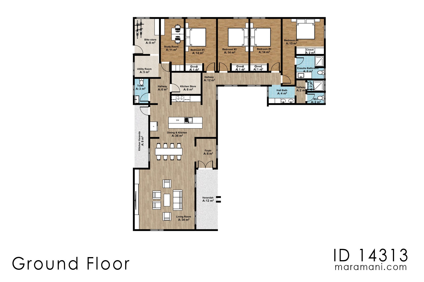 L-Shaped 4 Bedroom House - 1D 14313