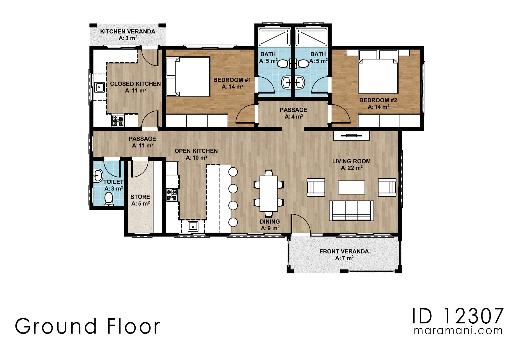 Modern affordable 2-bedroom house plan - ID 12307