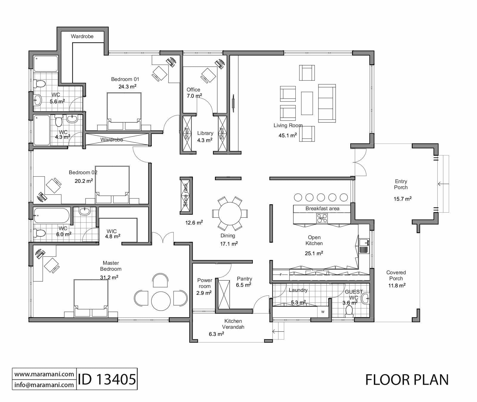 3 Bedrooms Floor Plan - ID 13405