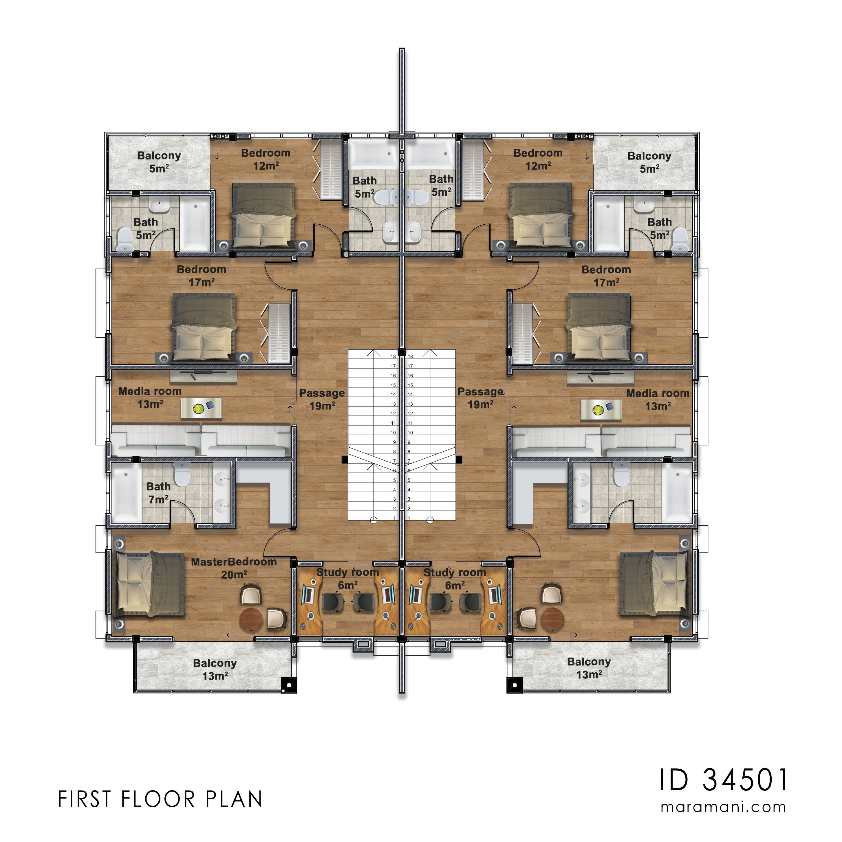 4 Bedroom Duplex Plan - ID 34501