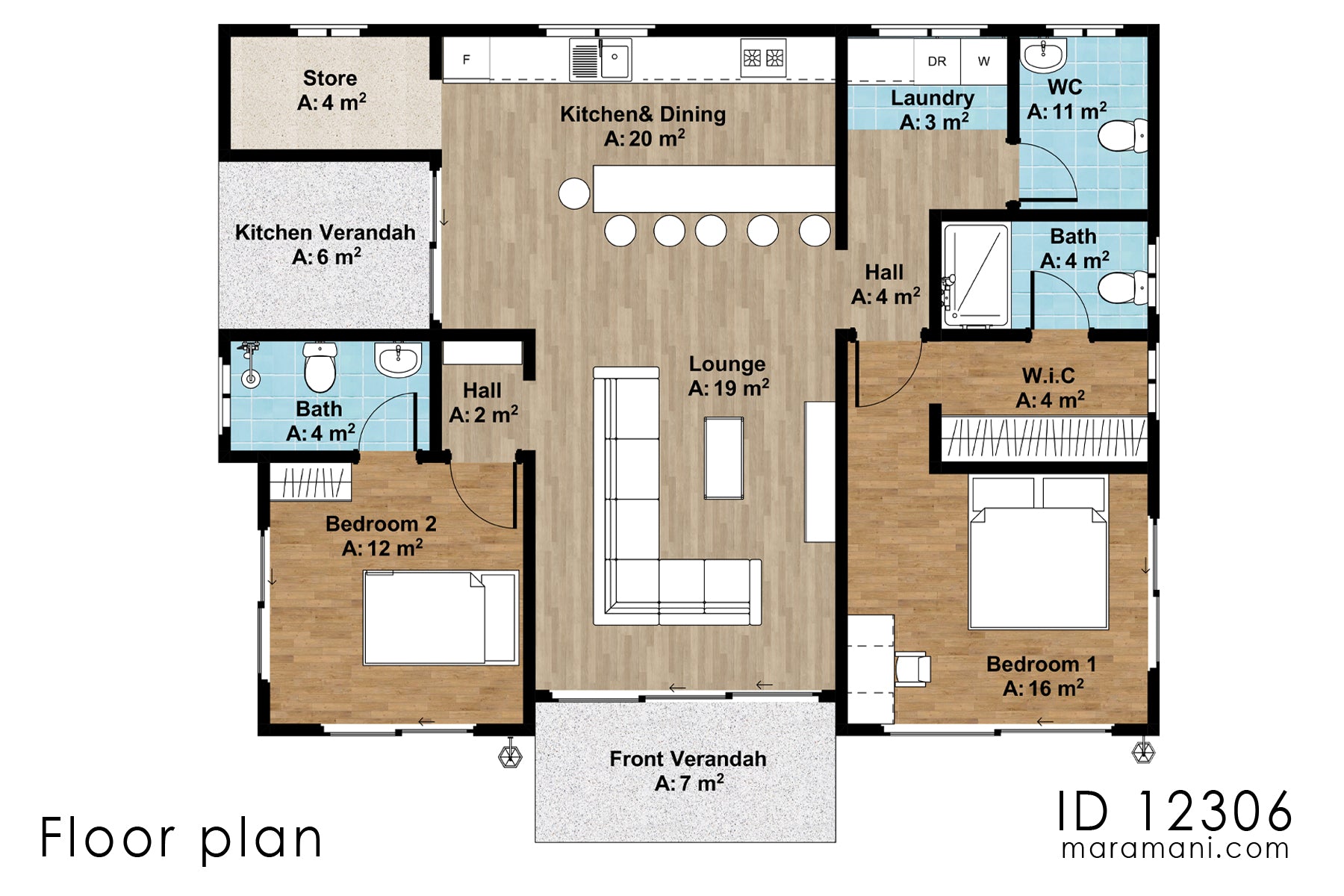 Two-bedroom thatched roof house design - ID 12306