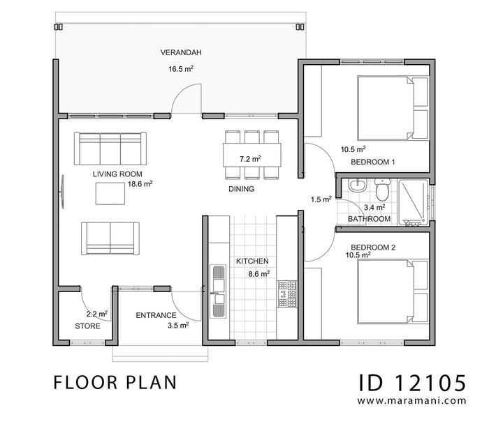 Simple 2 Bedroom House Plan - ID 12105 - Floor Plans by Maramani