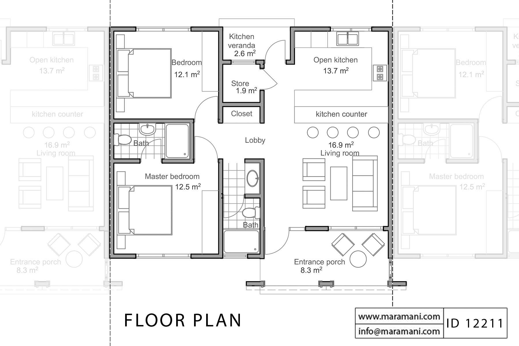 2 Bedroom Row House Plan - ID 12211