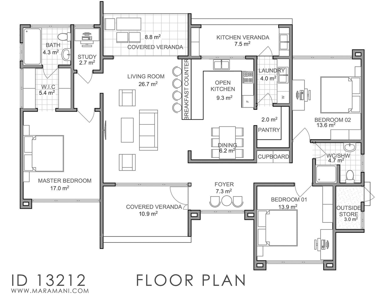 3 bedroom building plan - ID 13212 - House Designs by Maramani