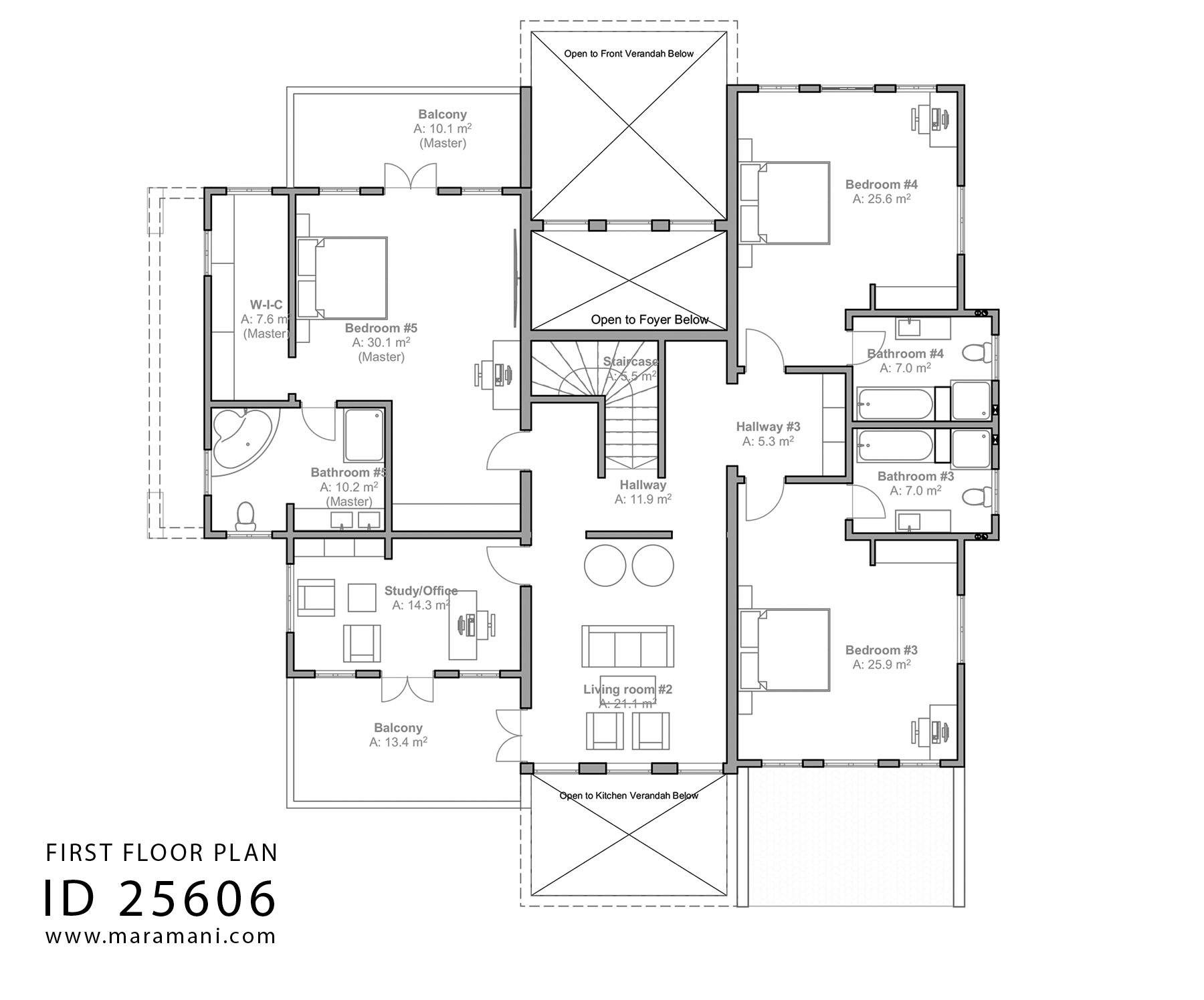 5 en-suite rooms house plan - ID 25606