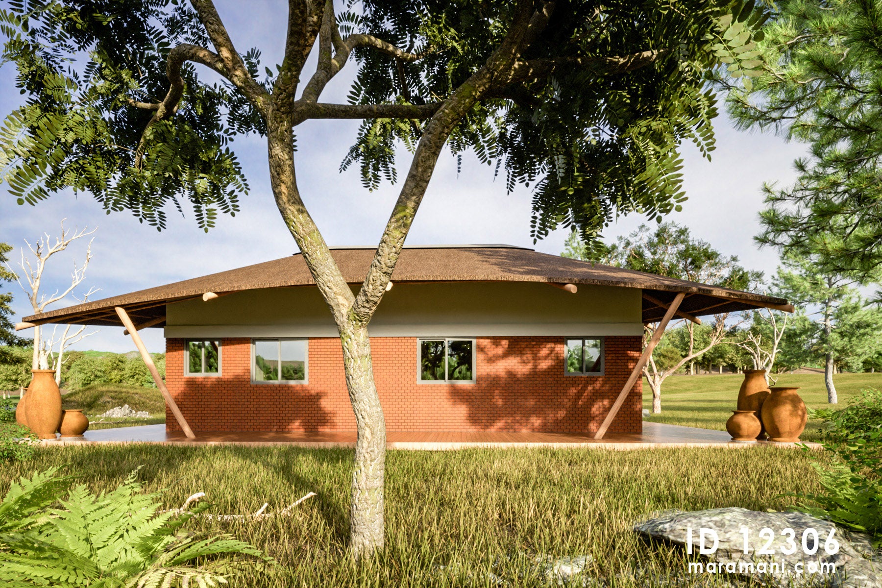 Two-bedroom thatched roof house design - ID 12306